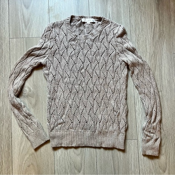 LOFT tan wool blend crochet pullover Long Sleeve sweater SZ  M - Picture 2 of 8